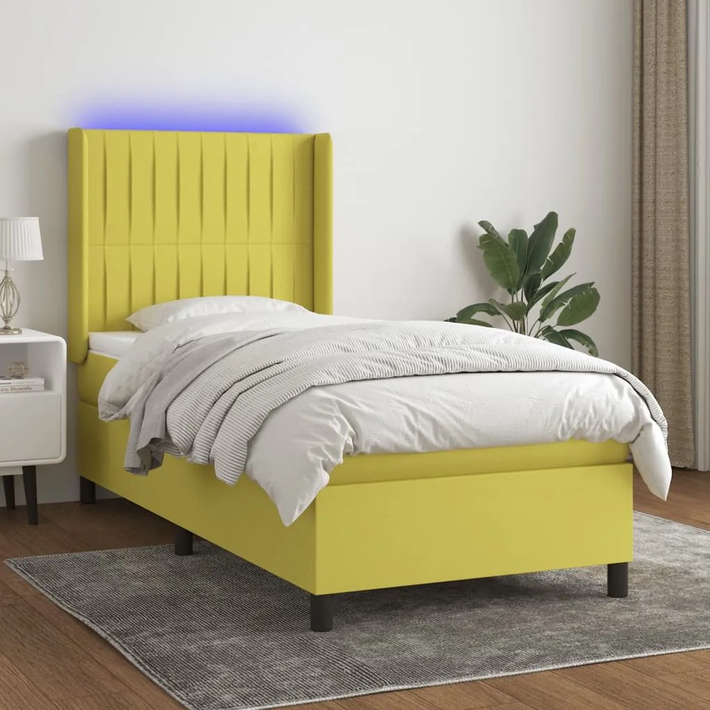 vidaXL Cama box spring c/ colchão e LED 100x200 cm tecido verde