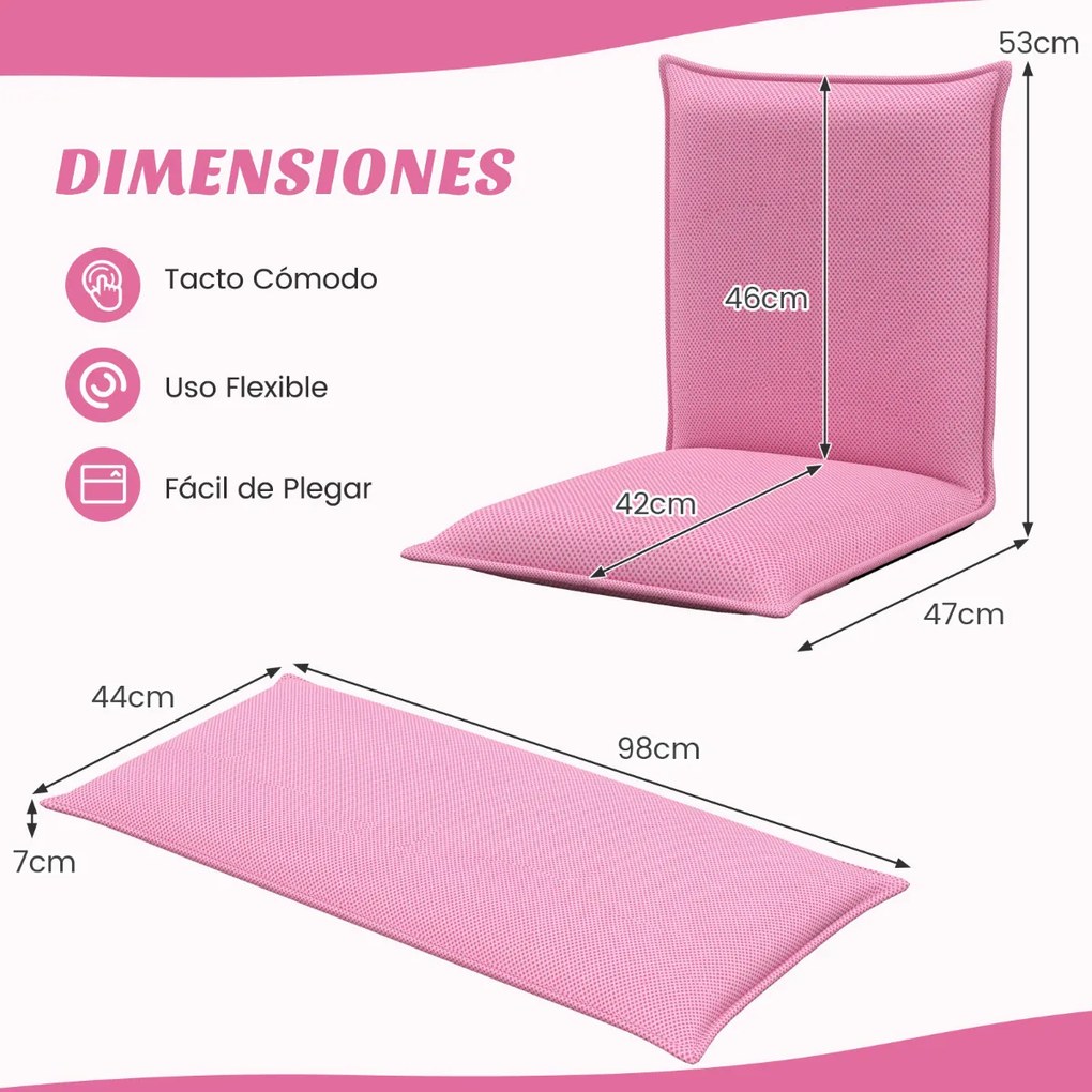 Cadeira Chão reclinável com estofos ajustáveis com apoio para as costas Ideal para leitura Meditação 98 x 47 x 7,5 cm Rosa