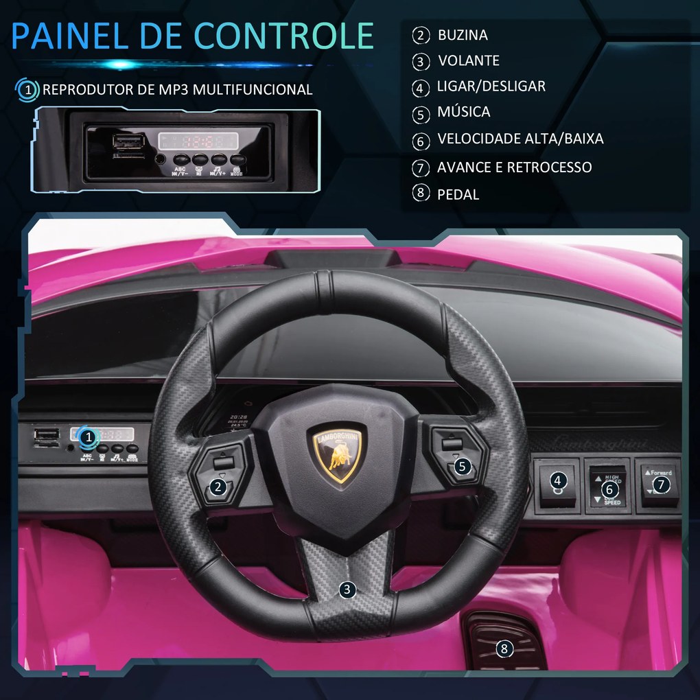 Carro Elétrico Lamborghini SIAN 12V para Crianças de 3-8 anos com Controlo Remoto Abertura da Porta Música MP3 USB e Faróis 108x62x40cm Rosa