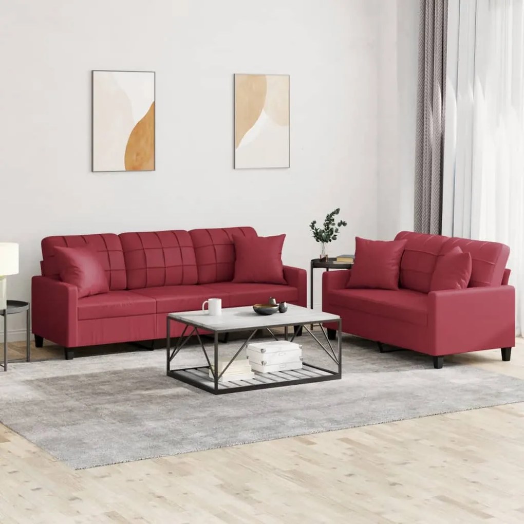 vidaXL 2 pcs conjunto sofás c/ almofadas couro artif. vermelho tinto