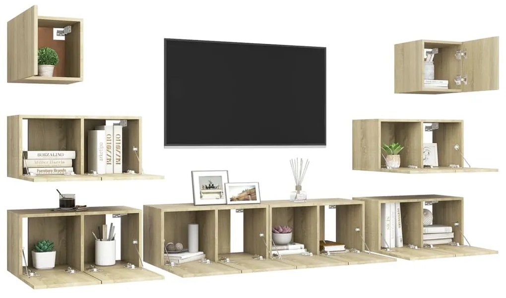 8 pcs conjunto móveis de TV derivados madeira carvalho sonoma