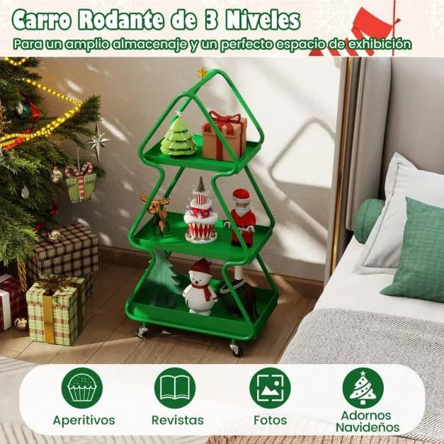 Carrinho de armazenamento em forma de árvore de Natal com 3 níveis, estrela, estrutura metálica e rodas verde