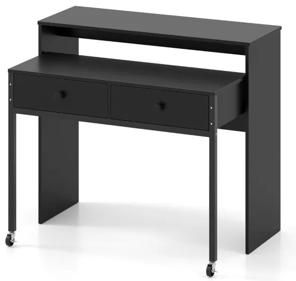 Secretária extensível, mesa pequena para computador com 2 gavetas e rodas 100 x 63 x 88 cm Preta