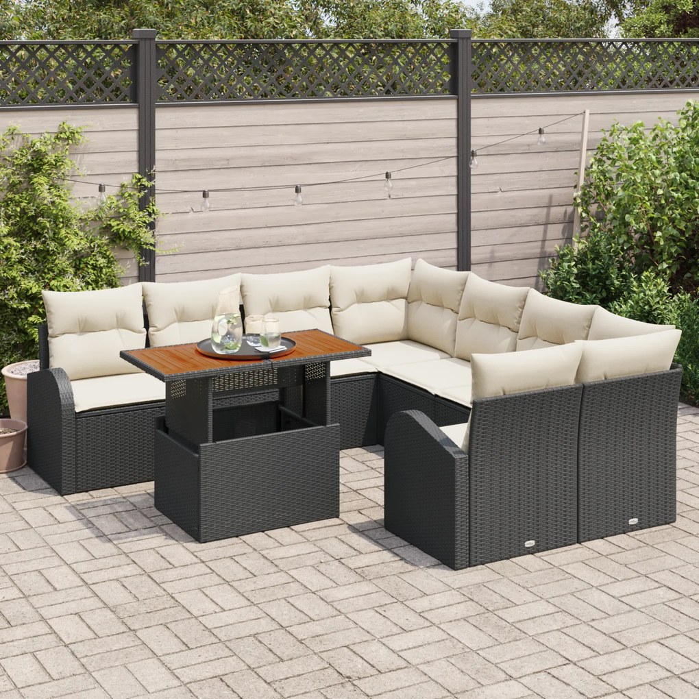 Conjunto de Sofás de Jardim de 9 Peças com Almofadas de Rattan Preto,