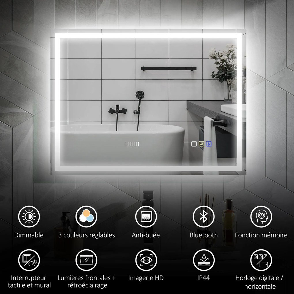 Espelho de casa de banho com LED e Bluetooth, 60 x 80 cm, interruptor tátil, iluminação regulável, 3 cores, antiembaciamento, memória, prateado