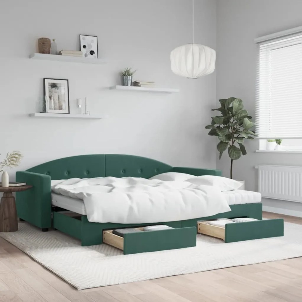 vidaXL Sofá-cama c/ gavetão e gavetas 90x200 cm veludo verde-escuro