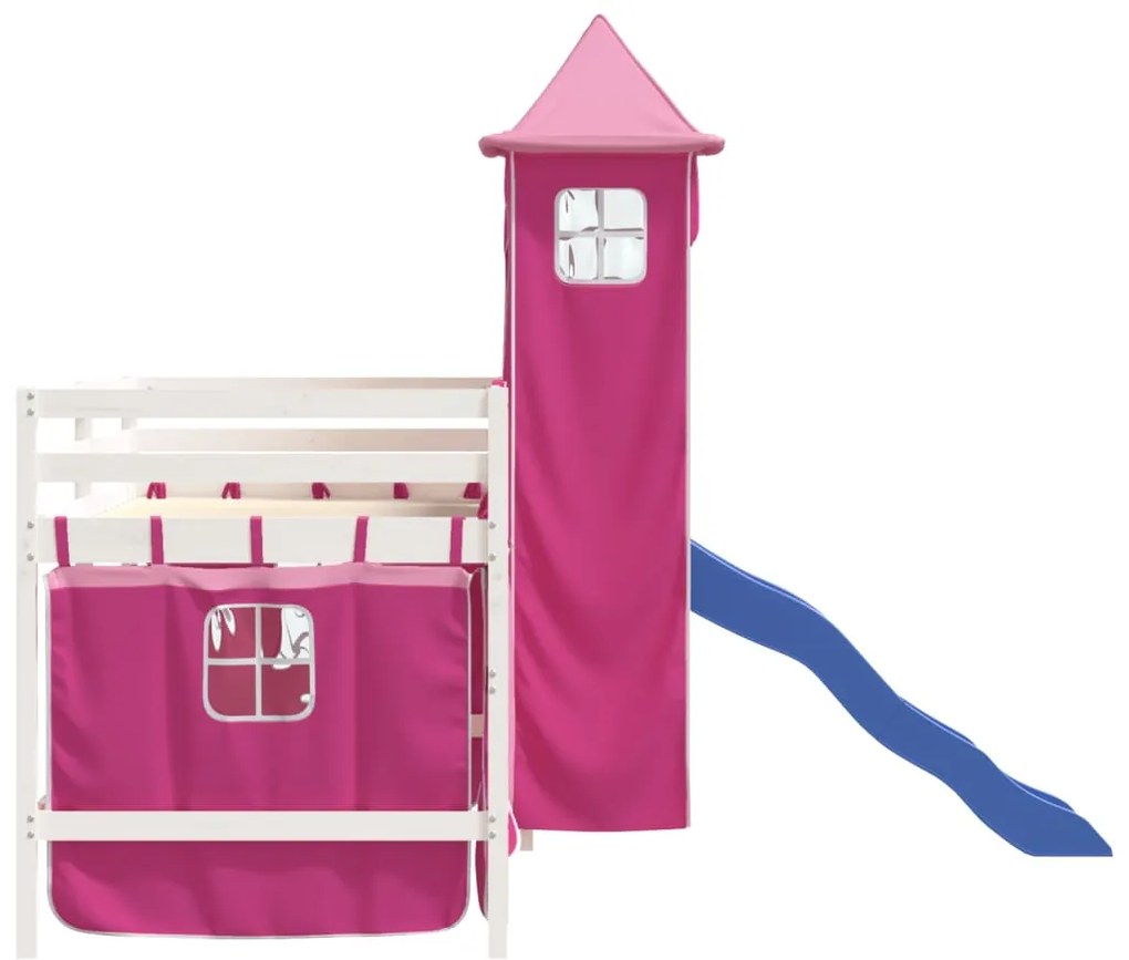 Cama alta para criança com torre 90x200 cm pinho maciço rosa