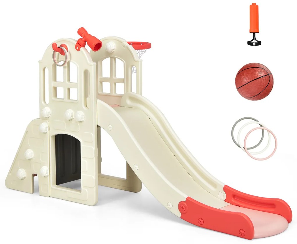 Escorrega infantil grande 6 em 1 jogo com cesto bola anel telescópio interior exterior 189,5 x 83 x 98 cm rosa
