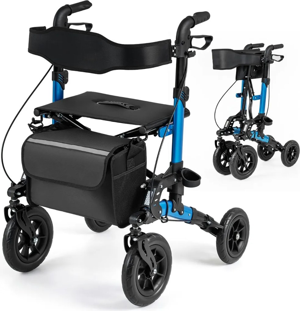 Andador dobrável com rodas para idosos, com assento, encosto, malha, suspensão por molas, suporte para bengala e bolsa, 4 rodas, preto + azul