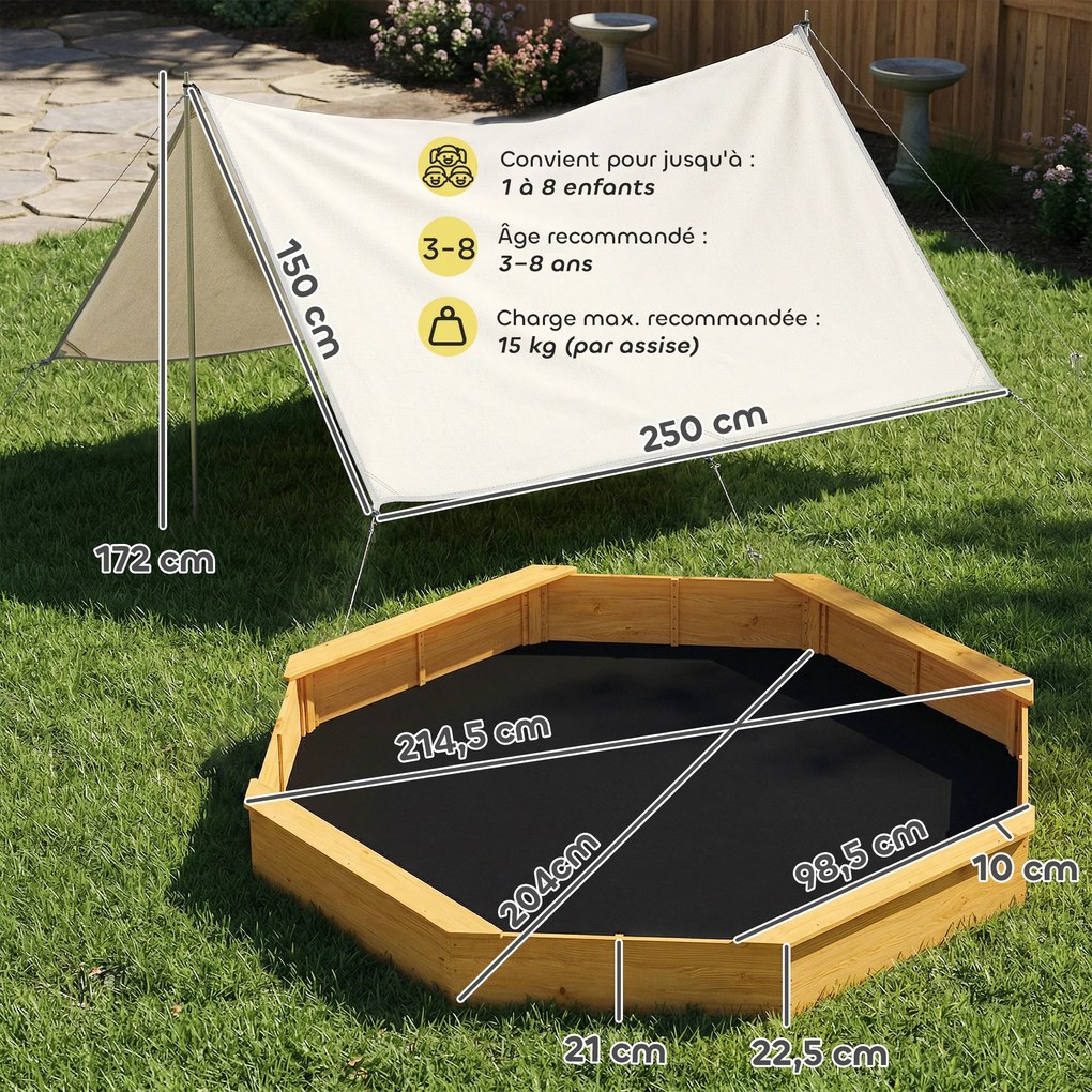 Caixa de areia crianças em madeira com toldo 214,5 x 214,5 x 22,5 cm, caixa de areia infantil para exterior com 4 bancos, forro no fundo, amarela