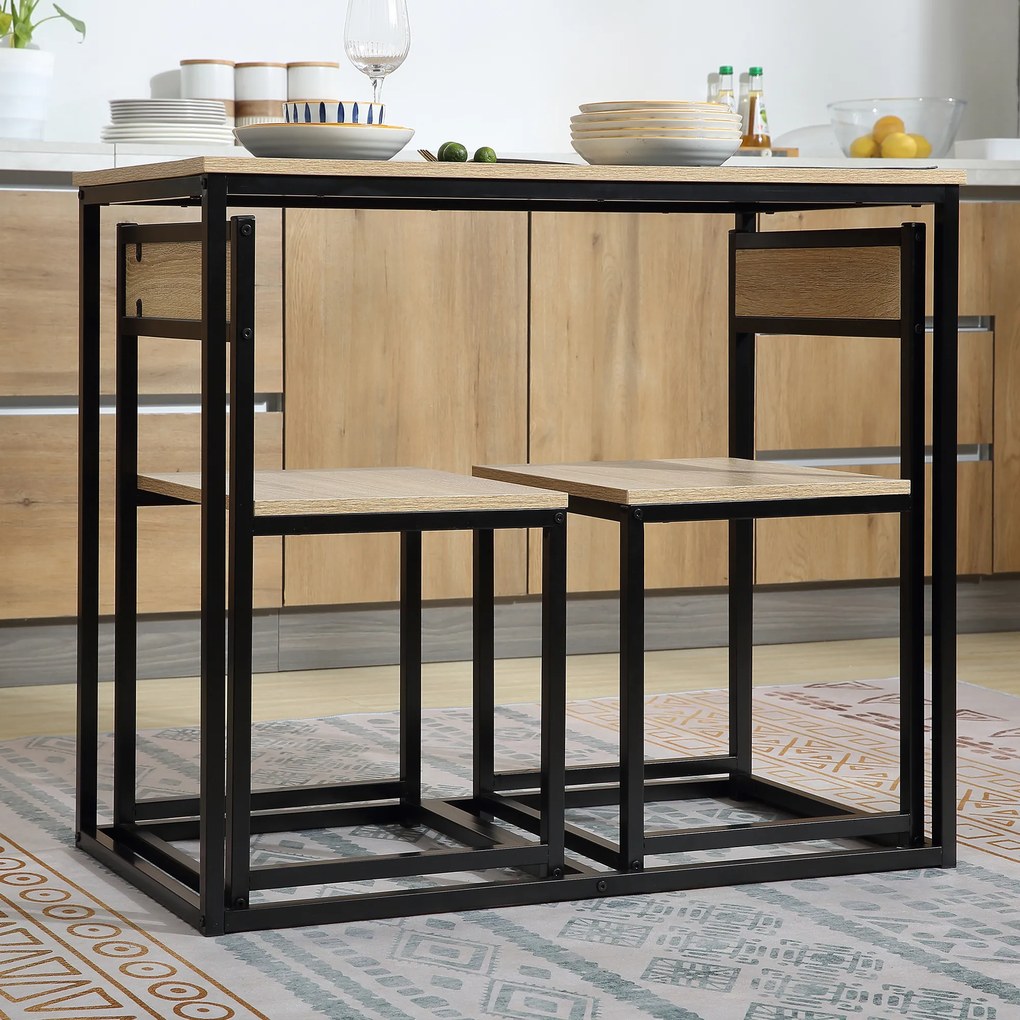 Conjunto de mesa e cadeiras de sala de jantar - Conjunto de 1 mesa + 2 cadeiras encaixáveis para cozinha - metal preto com acabamento em carvalho clar