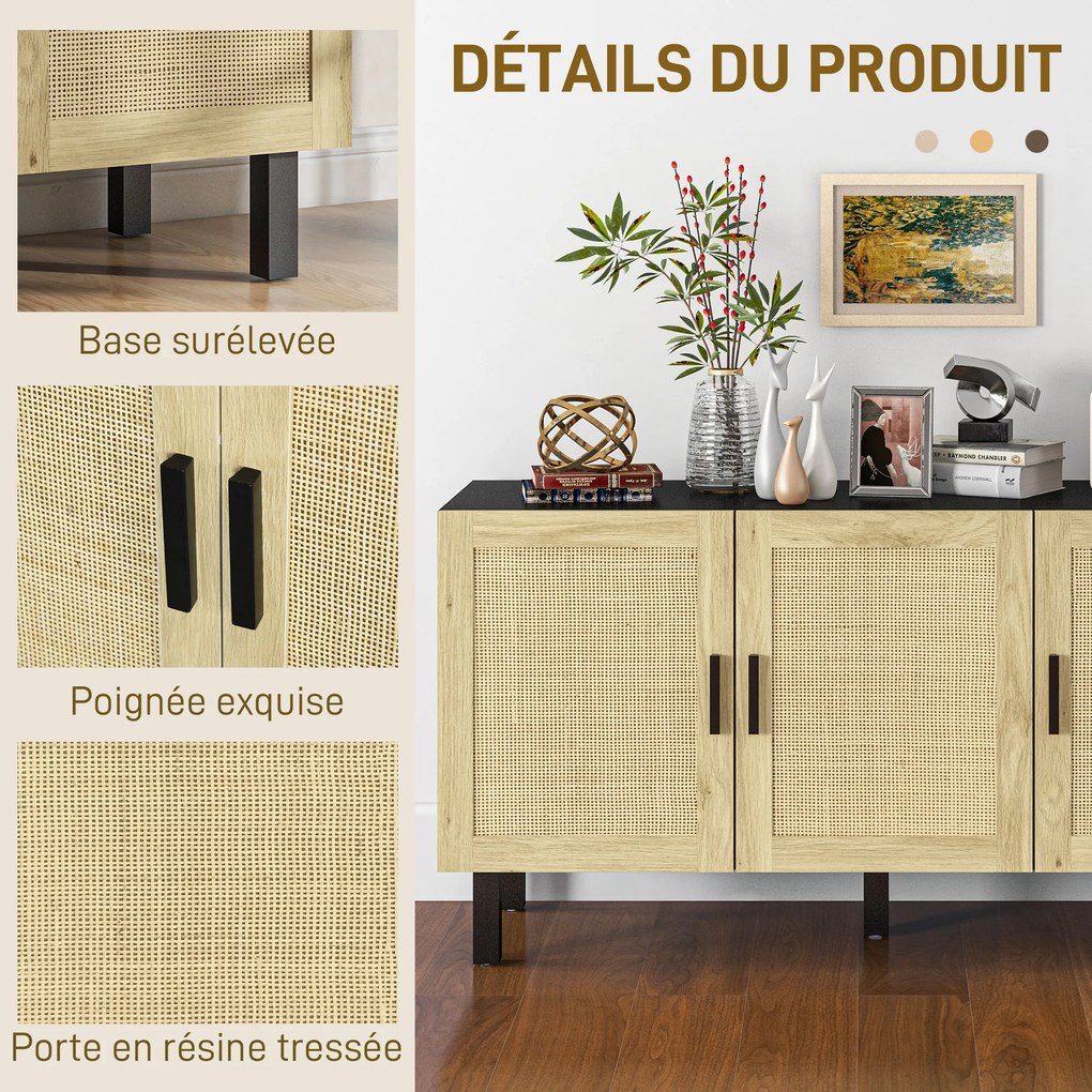 Aparador de arrumação 136 x 41 x 70 cm com portas com efeito de vime, prateleiras ajustáveis, 136 x 41 x 70 cm, preto e madeira natural