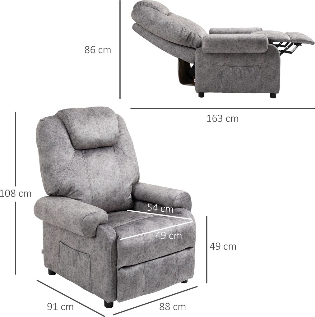 Poltrona Relax Reclinável com Apoio para os Pés Retrátil Encosto Alto Bolso Lateral Acolchoado Grosso 88x91x108 cm Cinzento