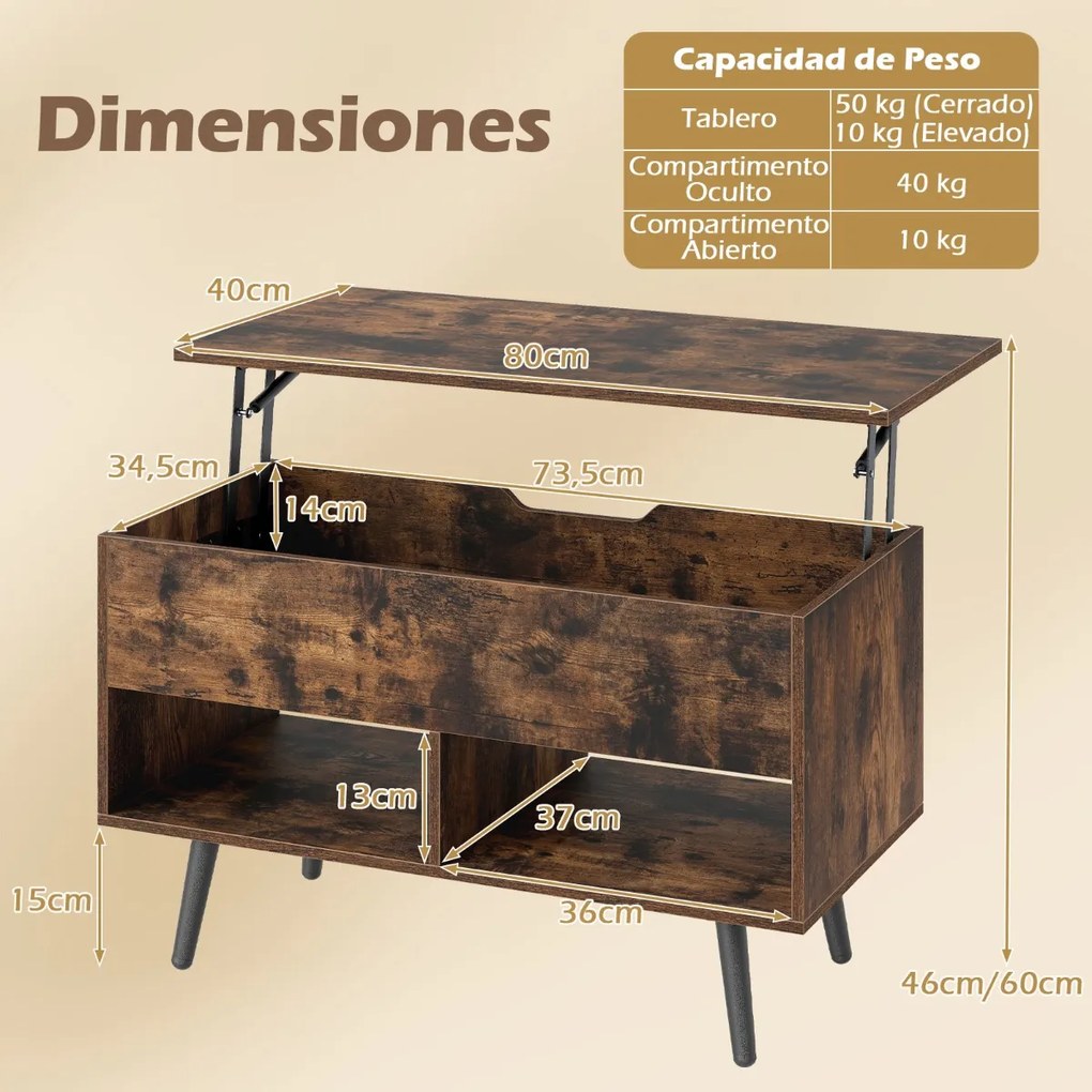 Mesa de centro 80 x 40 x 44,5 cm elevável em madeira com compartimento oculto e 2 prateleiras abertas café