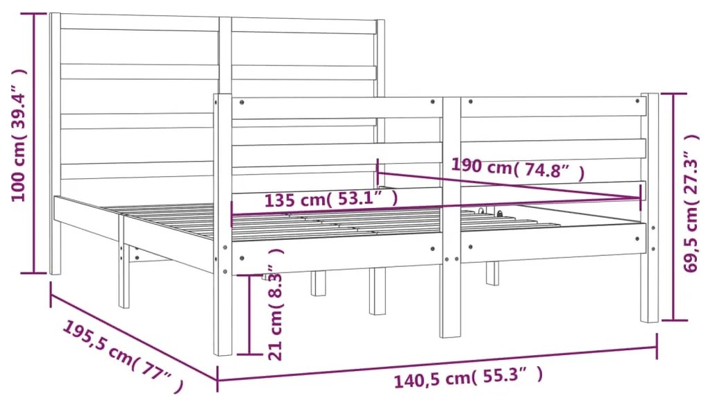 Estrutura de cama dupla 4FT6 135x190 cm pinho maciço cinzento