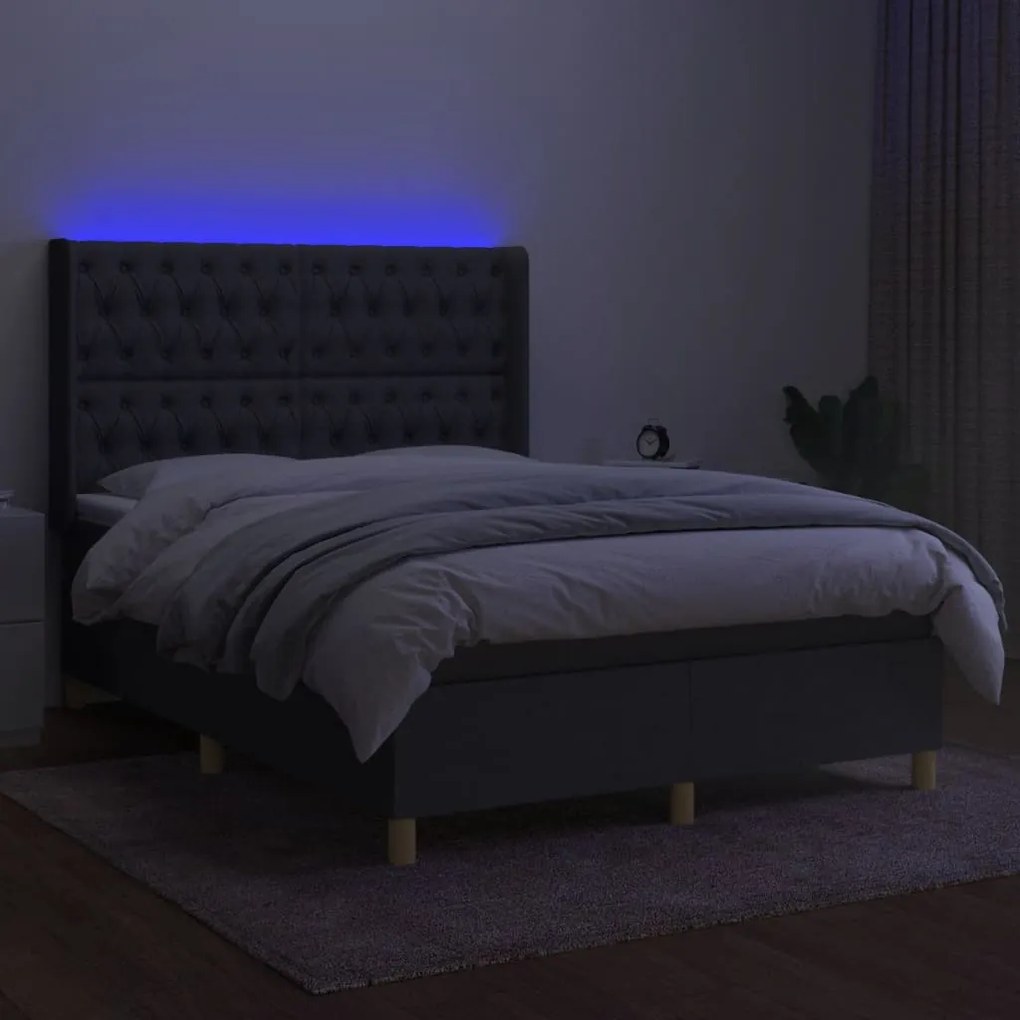 Cama box spring c/ colchão e LED 140x200 cm tecido cinza-escuro