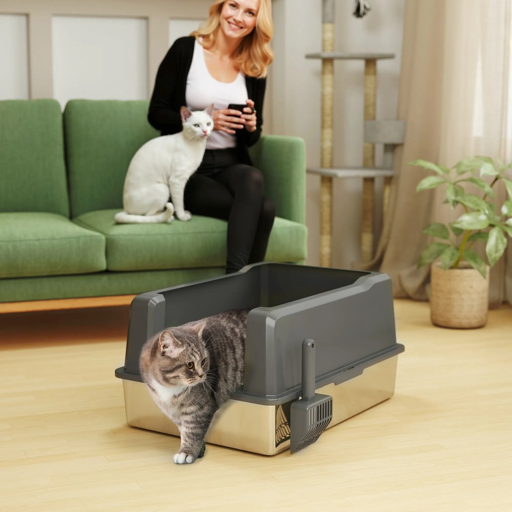 Caixa de areia para gatos em aço inoxidável de 85 L, de grande capacidade, com casa de higiene semi-fechada, 71 x 50,8 x 35,5 cm, cinzenta