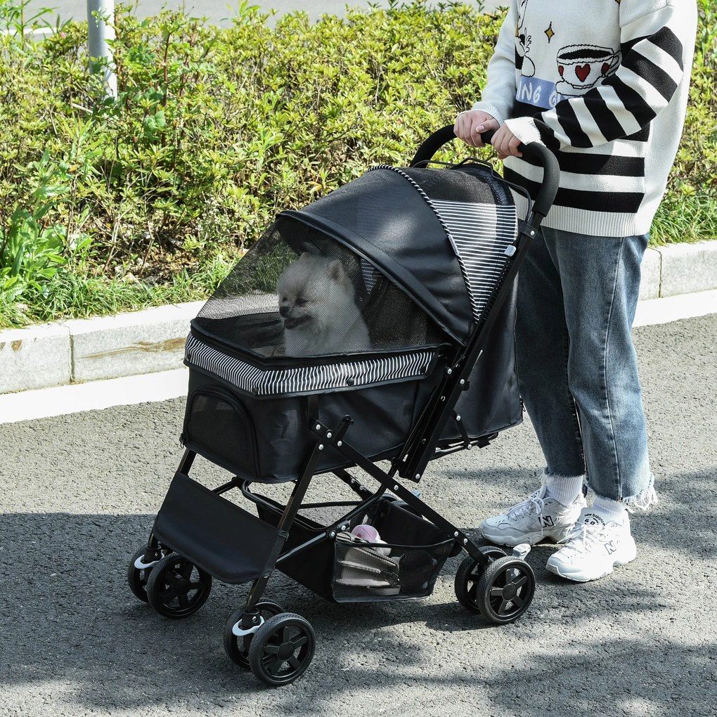 Carrinho dobrável para cães e animais de estimação, com 4 rodas em EVA, guiador ajustável e cesto, 76,5 x 52 x 95 cm preto