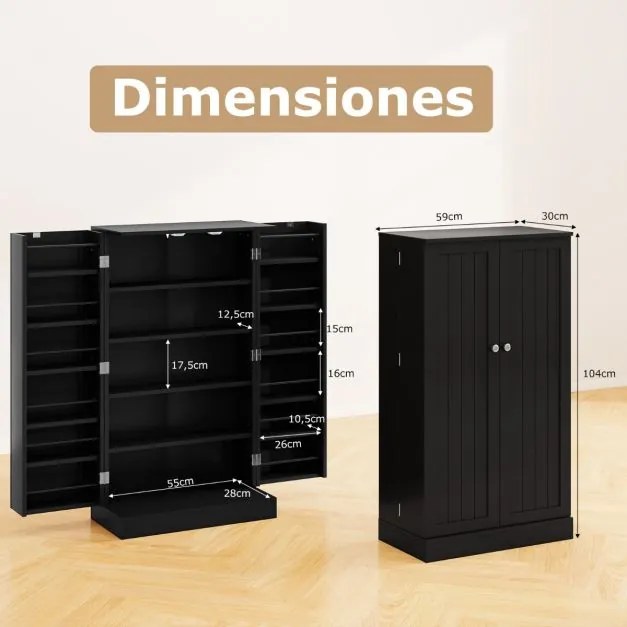 Armário despensa cozinha com 2 portas e prateleiras ajustáveis 59 x 30 x 104 cm Preto