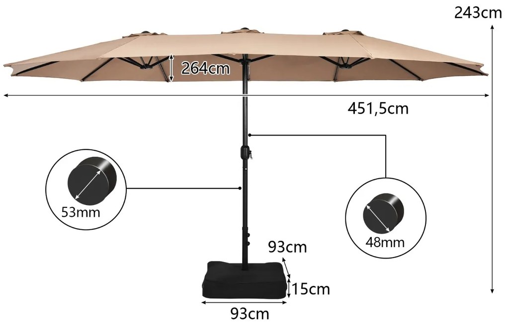Guarda-sol duplo Jardim de 451,5 cm com base Sistema de manivela Estrutura metálica com 12 varas Ventilação de ar Café