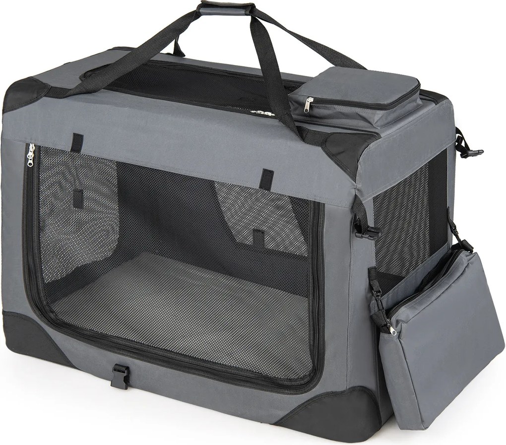 Transportadora dobrável tamanho L 83,5 x 58 x 58 cm para animais de estimação, com janelas de rede, 3 portas, cama felpuda e bolsos removíveis, para u