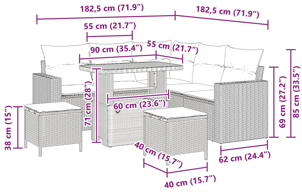 Conjunto de Sofá de Jardim vidaXL 8 Peças com Almofadas Cinza Rattan d