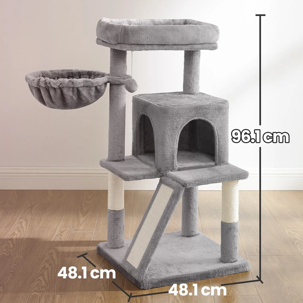 Arranhador para gatos com caverna e cesto suspenso 48,1 x 48,1 x 96,1 cm cinzento claro