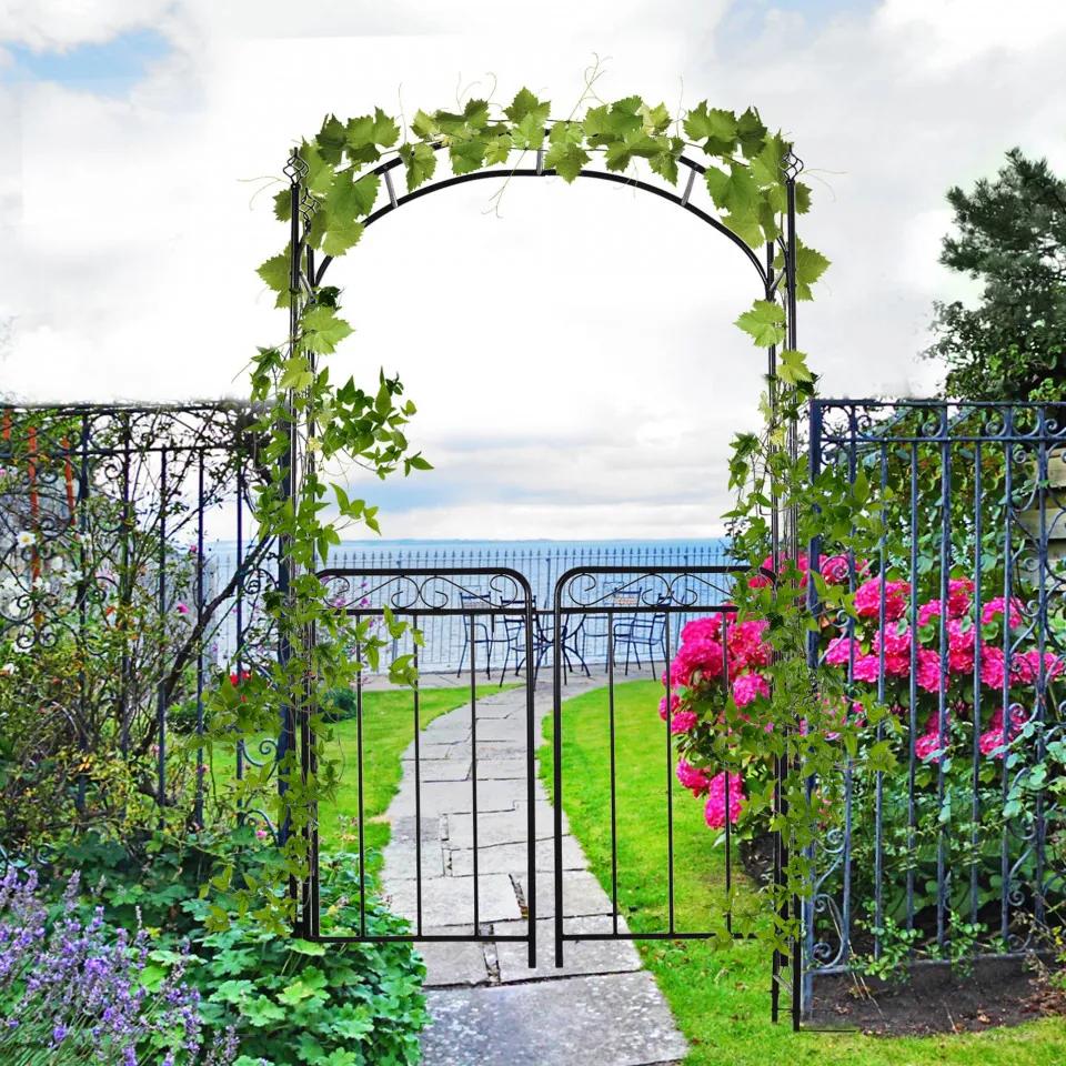Outsunny Arco de jardim com porta dupla treliça metálica com fechadura para plantas trepadeiras Pátio 108x45x215 cm cor preto fosco