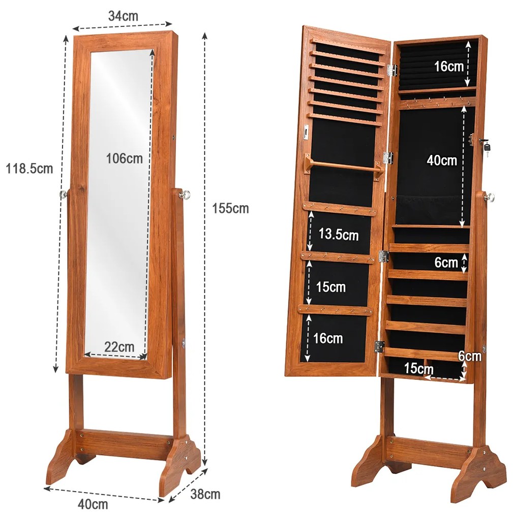 Espelho Guarda jóias com espelho de corpo inteiro com 3 inclinações ajustáveis 40 x 38 x 155 cm