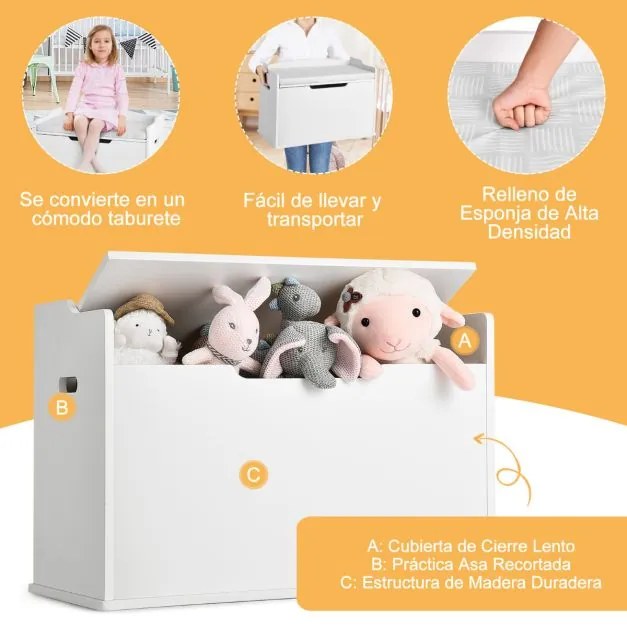 Arca de brinquedos com tampa Tampa elevável Caixa de brinquedos com banco Utilização dupla como banco grande de madeira Branco