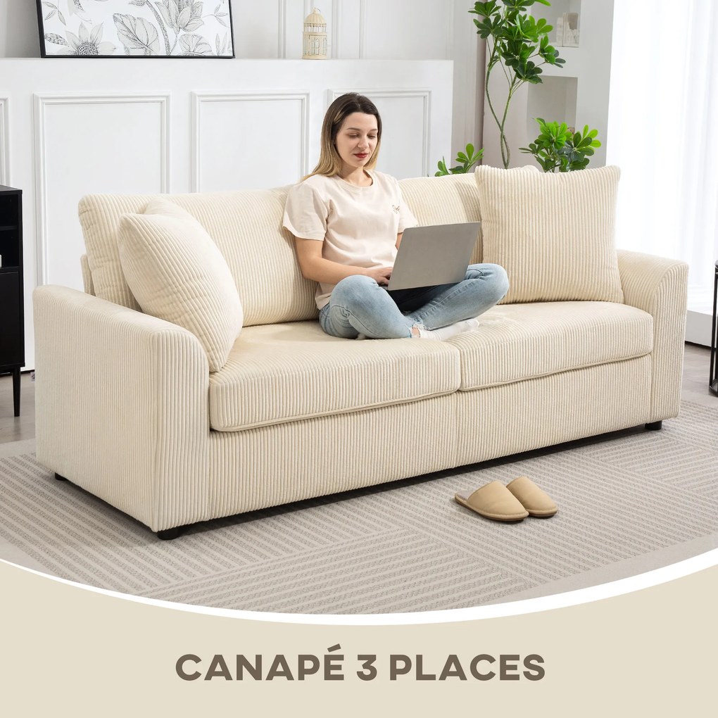Sofá de 3 lugares com 212 cm, com 2 almofadas de molas, tecido de veludo canelado, creme