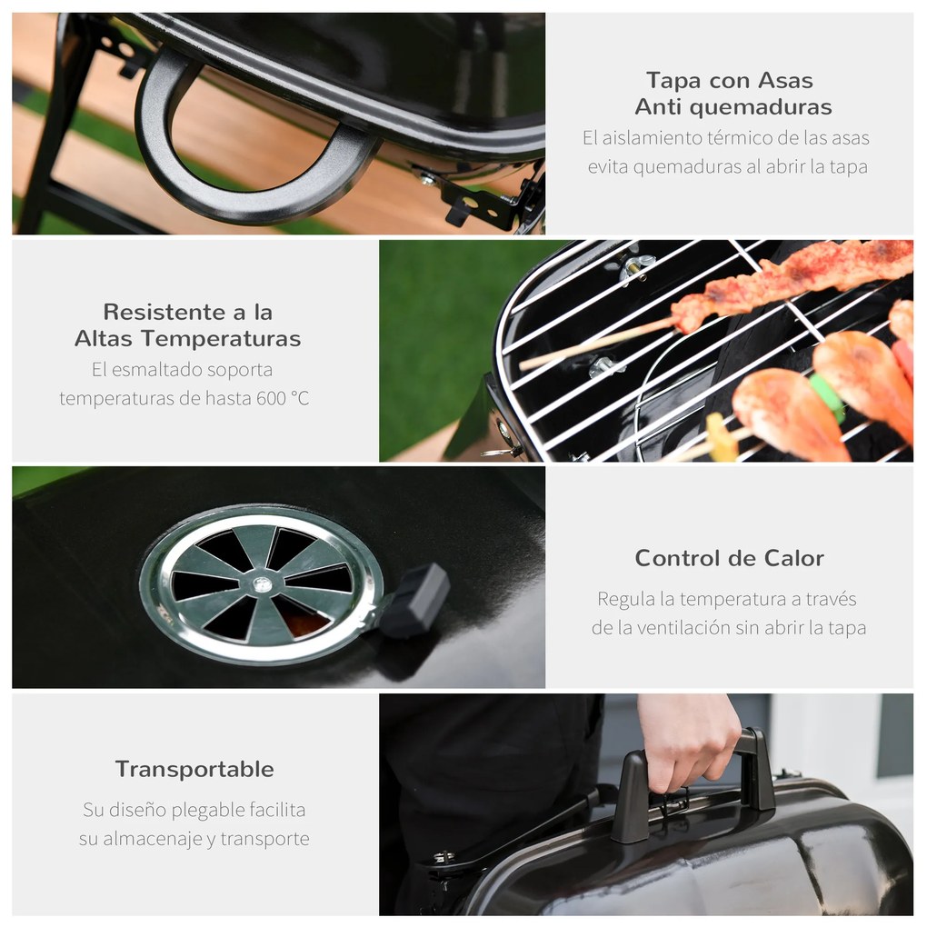Outsunny Barbecue a Carvão Portátil Barbecue a Carvão de Mesa Compacta para Jardim Exterior Campismo 59x43x39 cm Preto
