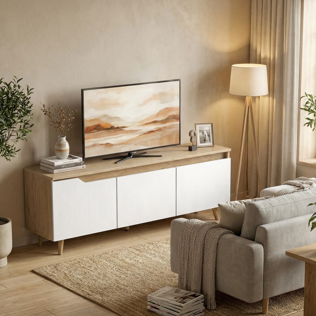 Móvel TV 120 cm para Televisor até 140 cm com 3 Portas Prateleira Ajustável Carvalho e Branco