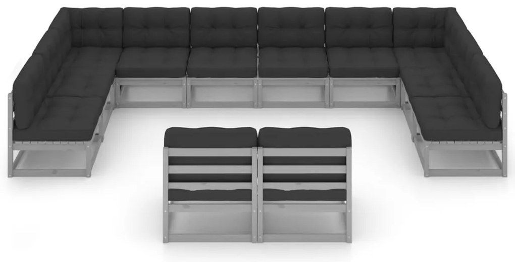 12pcs conjunto lounge de jardim + almofadões pinho maciço cinza