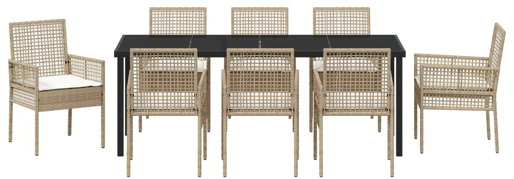Conjunto de Jantar de 9 Peças com Almofadas Bege de Polirattan