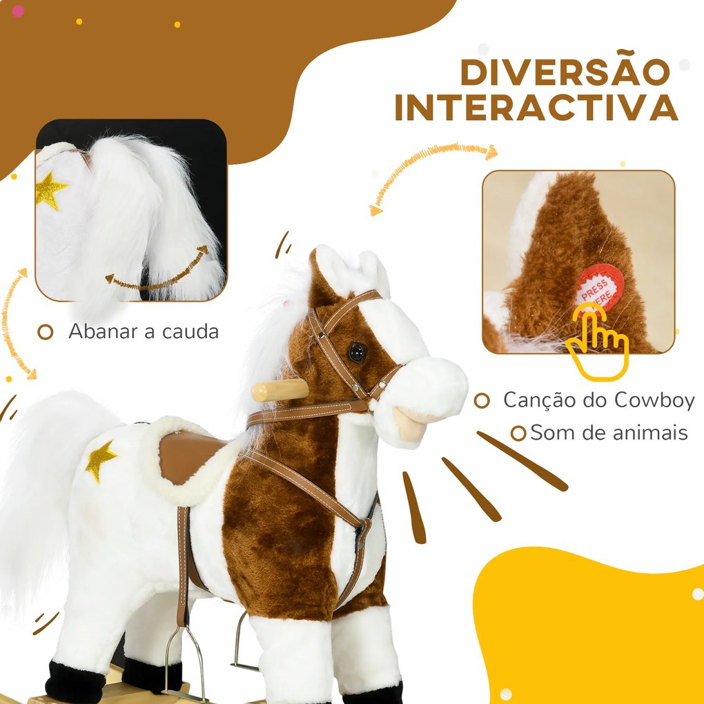 Cavalo Baloiço para Crianças com Música Som e Função de Movimento da Cauda Carga 30 kg 68x26x62 cm Castanho e branco