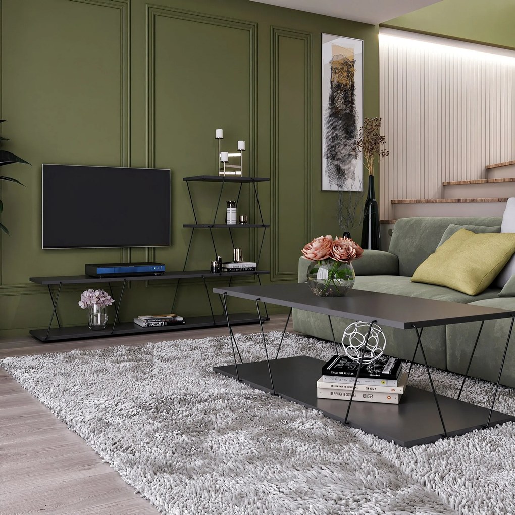 Conjunto de Mobiliário de Sala de Estar Basak – Antracite e Preto – TV