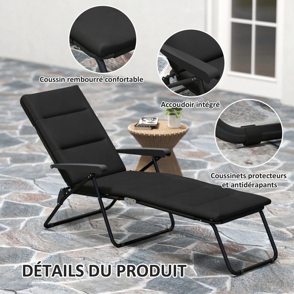 Espreguiçadeira dobrável com 6 posições de inclinação, com colchão + apoios de braços em aço e poliéster, 153 x 58,5 x 89 cm, preta