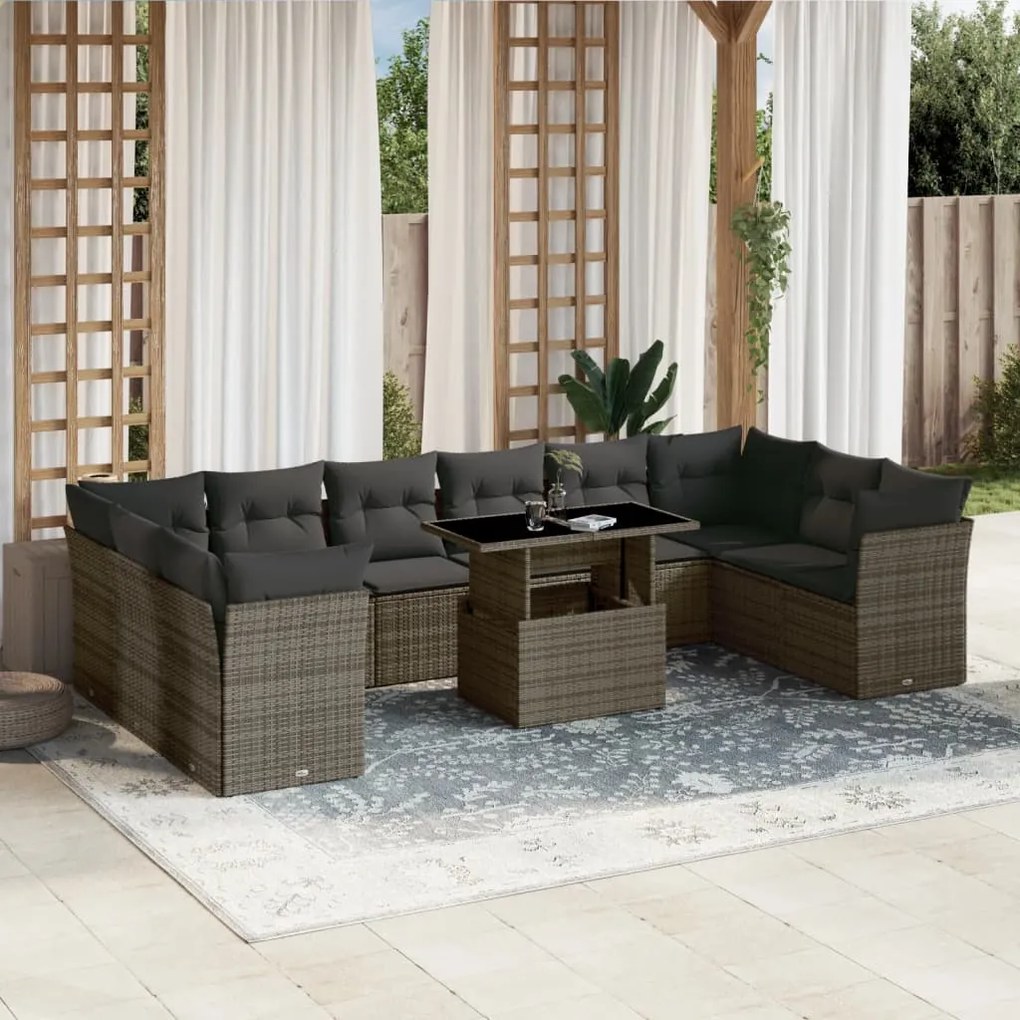 vidaXL 11 pcs conjunto sofás de jardim c/ almofadões vime PE cinzento