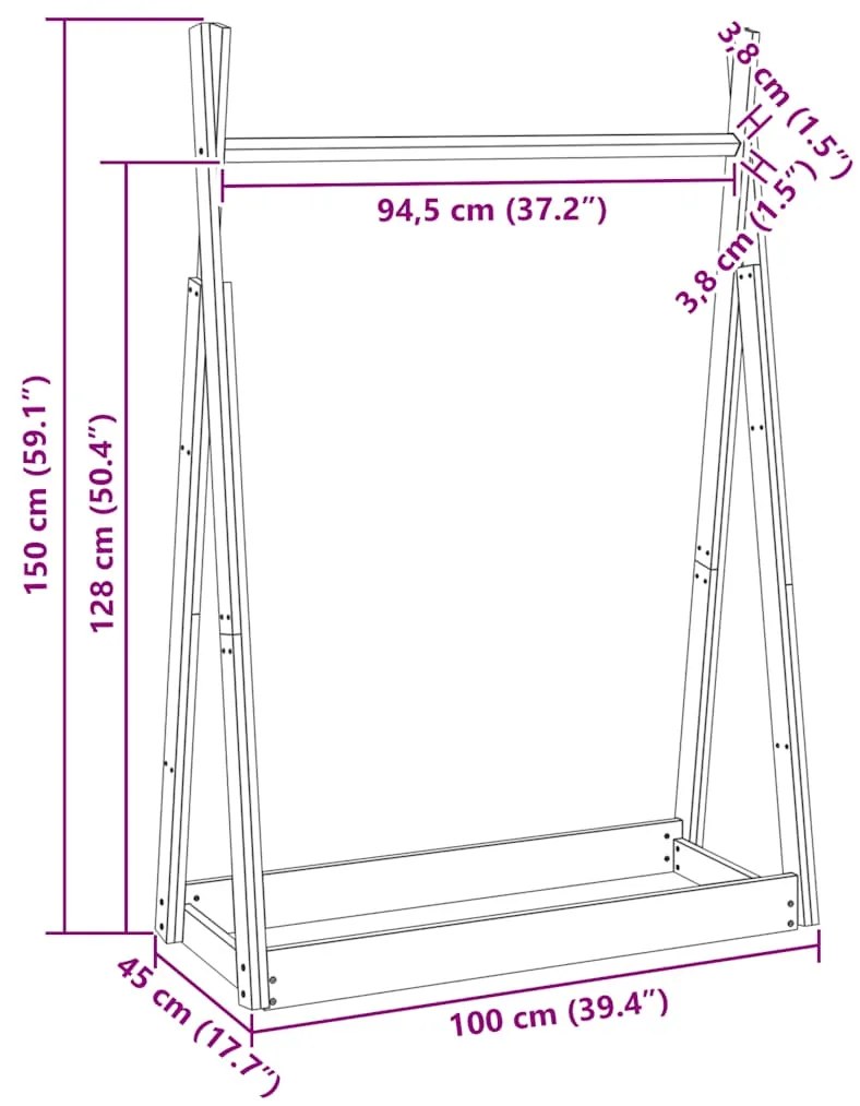 Suporte para roupas 100x45x150 cm madeira de pinho maciça