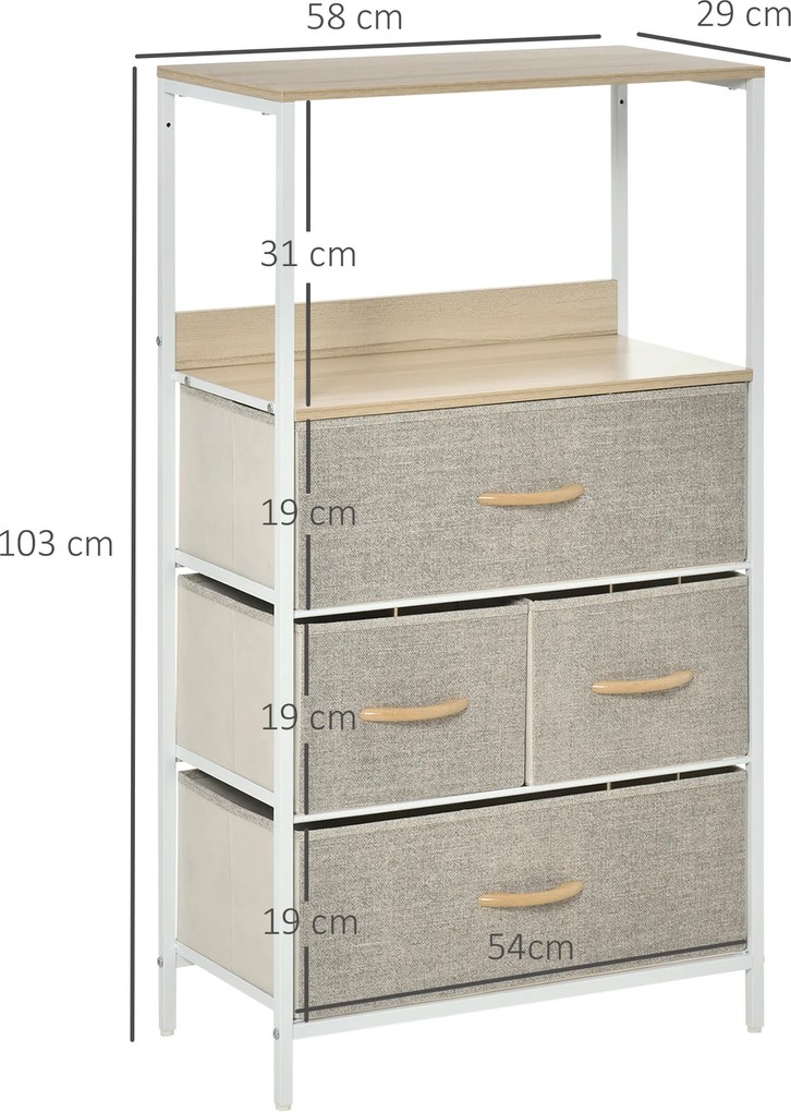 Cómoda com 4 Gavetas Dobráveis e Prateleira Aberta Cómoda com Gavetas de Tecido Anti-Tombo 58x29x103cm Madeira e Cinza Claro