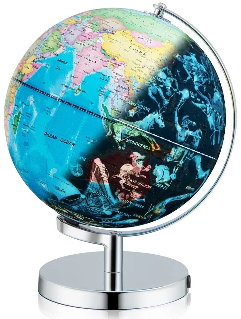 Globo terrestre 3 em 1 iluminado de 23 cm com 88 constelações, suporte metálico e mapa inglês para casa, escola e escritório Azul