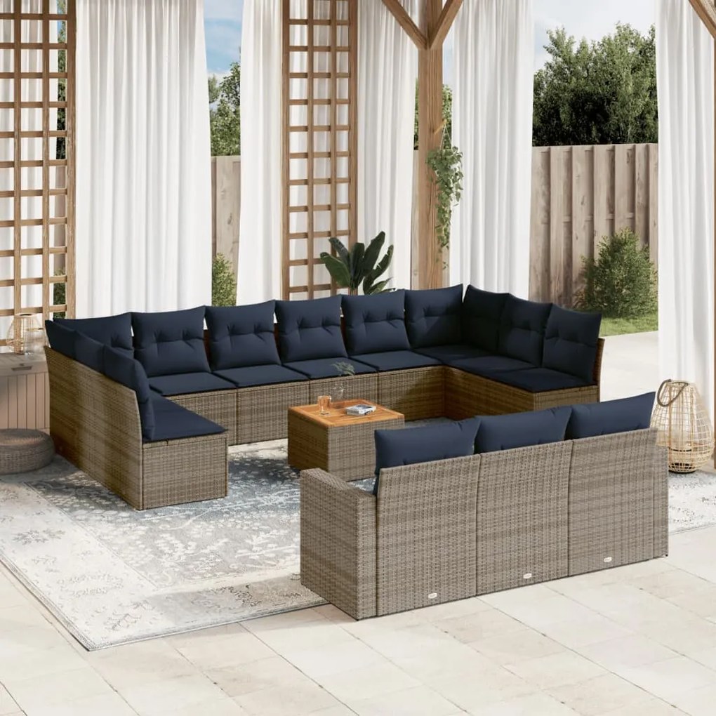 vidaXL 14 pcs conjunto sofás p/ jardim c/ almofadões vime PE cinzento