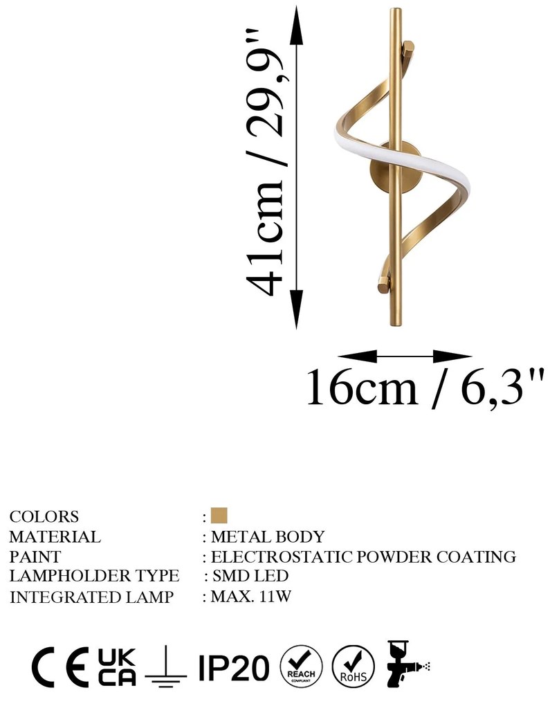 Candeeiro de Parede Likma - Dourado - 16cm x 41cm x 25cm