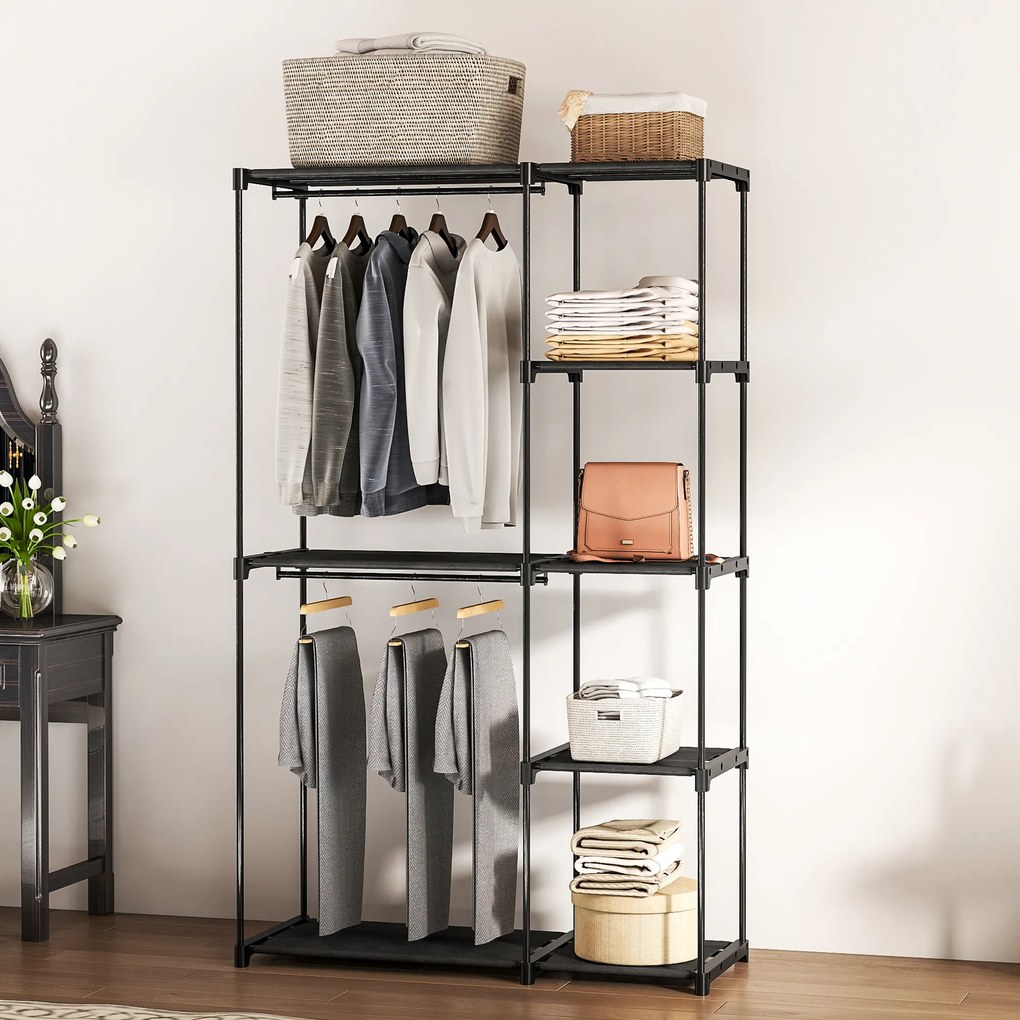 Guarda roupa aberto portátil com 2 varões para pendurar roupa e 6 prateleiras, 111 x 43 x 185 cm, preto