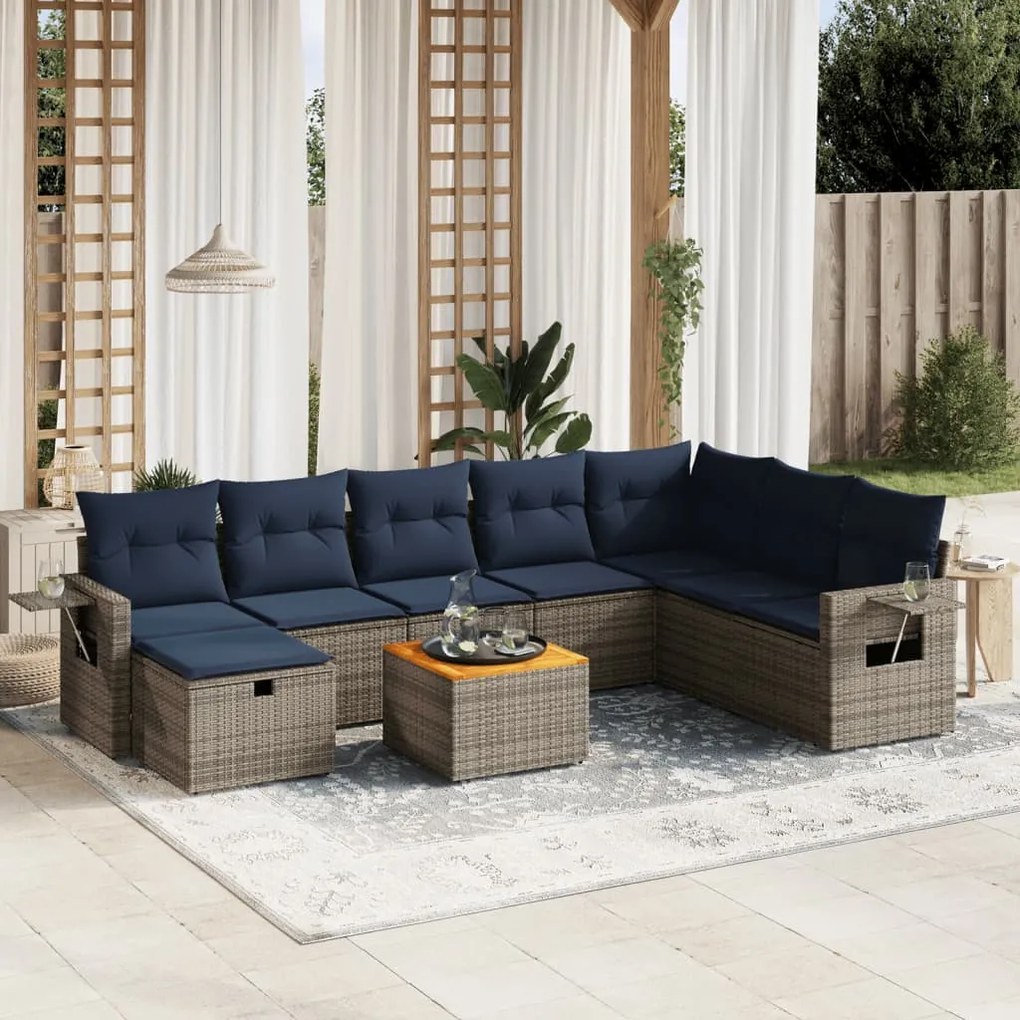 vidaXL 9 pcs conjunto sofás p/ jardim c/ almofadões vime PE cinzento