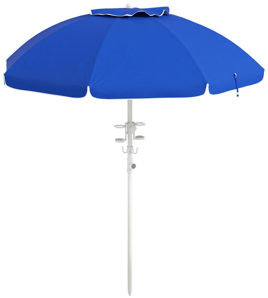 Chapéu de Sol de Praia Ø175x205 cm com 2 Porta-copos 1 Gancho Abertura Manual Anti-UV Altura e Ângulo Ajustáveis Azul