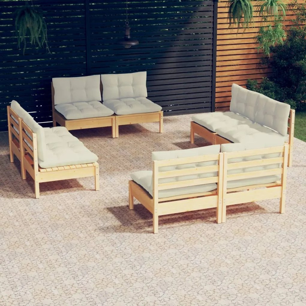 vidaXL 8 pcs conjunto lounge jardim c/ almofadões cor creme pinho