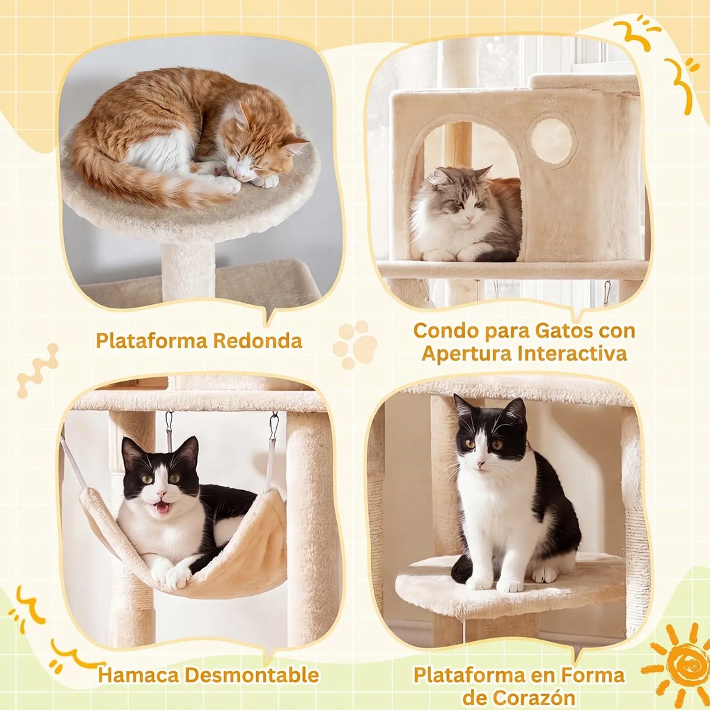 Árvore para Gatos Multinível, 73 x 50 x 168 cm, Postes de Arranhar em Sisal, Bege