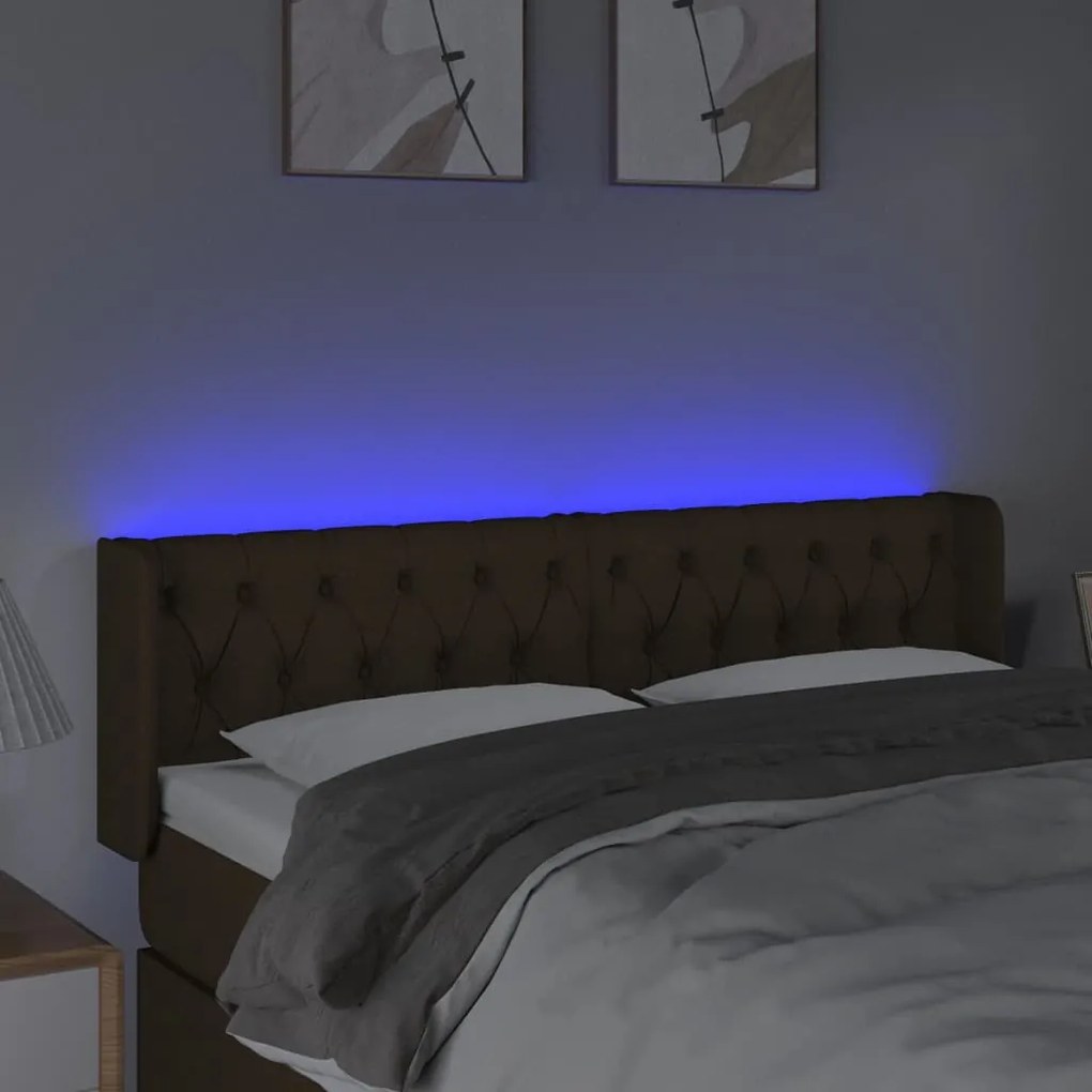 Cabeceira de cama c/ luzes LED tecido 147x16x78/88 cm castanho